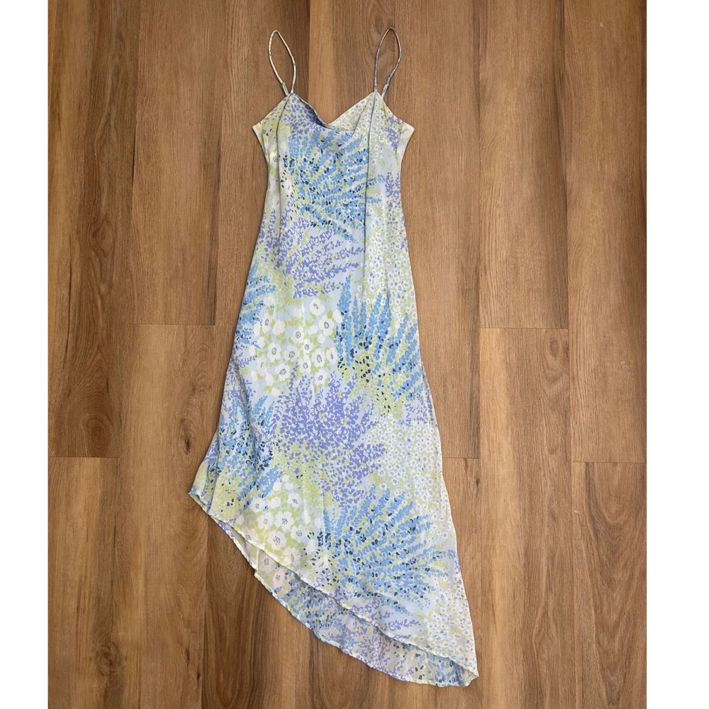 Vintage Floral Slip Dress Blue Green Asymmetrical Hem fairy formal wedding